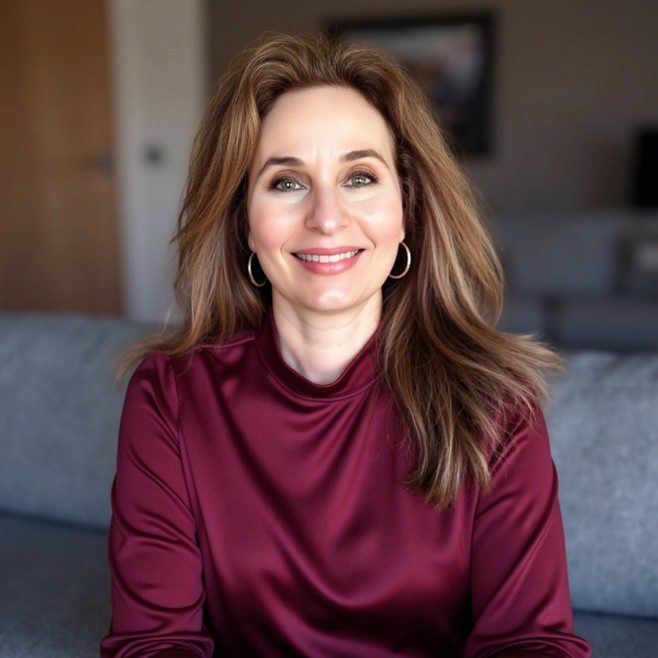 Smiling woman in a maroon top sitting on a couch indoors.