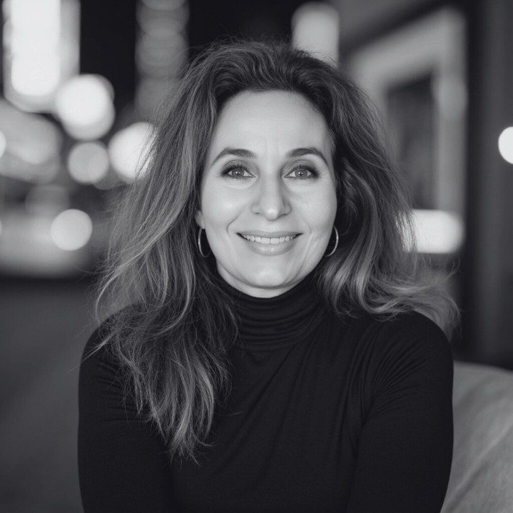 Black and white portrait of a smiling woman with long hair.