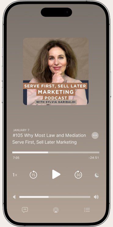 Podcast cover for 'Serve First, Sell Later Marketing' featuring a smiling woman.